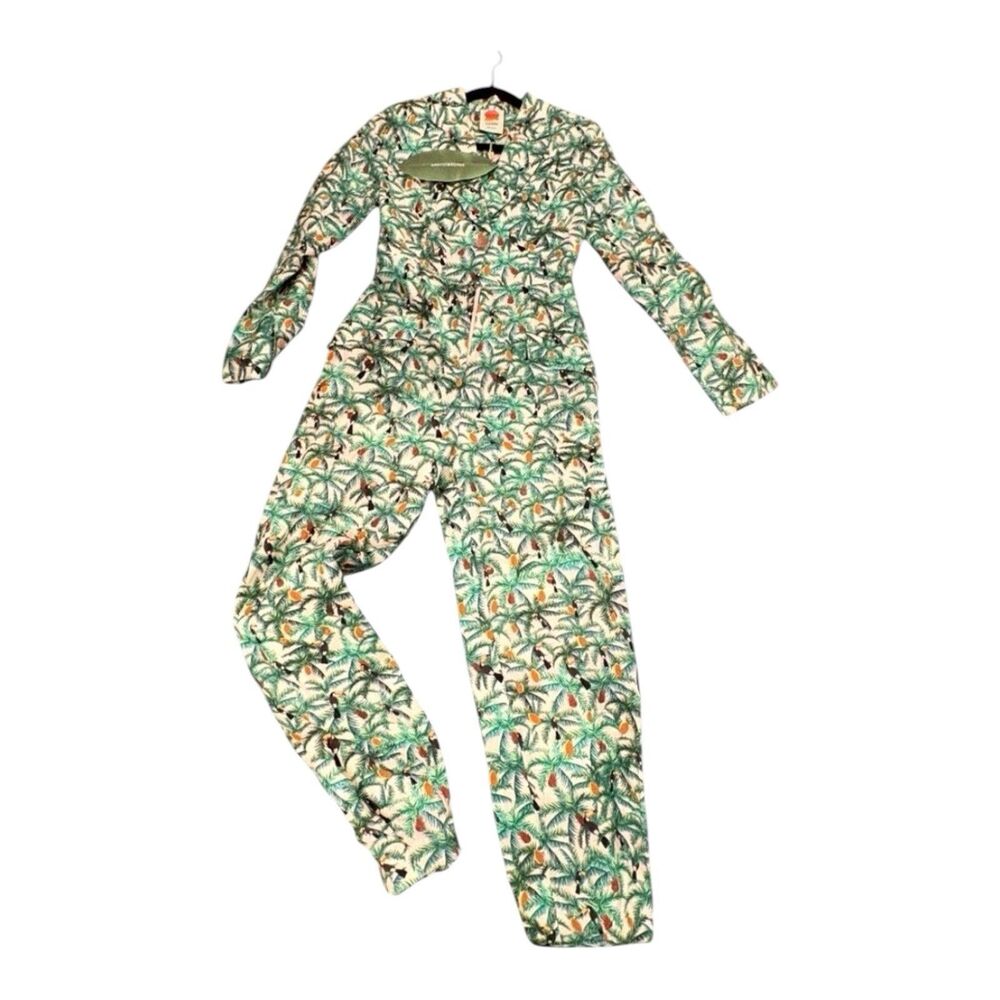 Farm Rio Tropical Toucans Linen Blazer Jumpsuit Womens Small Coastal Beachy